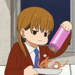  1girl angry animated animated_gif blush brown_hair food mizutani_shizuku necktie solo spaghetti tonari_no_kaibutsu-kun 