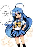  1girl azuse_neko birthday blue_hair green_eyes hard_translated izumi_konata long_hair lucky_star school_uniform serafuku simple_background solo translated triangle_mouth 