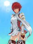  1girl armor blue_sky boots dress fire_emblem fire_emblem_if garter_straps gloves gradient gradient_background highres hinoka_(fire_emblem_if) lens_flare looking_down orange_eyes panties pantyshot pantyshot_(standing) pocari66 redhead scar short_hair sky solo standing sun thigh-highs thigh_boots underwear wind wind_lift 