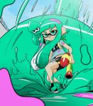  1girl aqua_eyes aqua_hair domino_mask gradient gradient_background ink inkling mask nintendo pointy_ears shoes shorts smile sneakers splatoon squid super_soaker tagme 