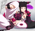  1girl black_hair bracelet capcom character_name feet fingerless_gloves gloves gradient gradient_background han_juri highres jewelry kimuchi midriff nail_polish no_shoes soles solo spiked_bracelet spikes stiky_finkaz street_fighter street_fighter_iv toes twintails violet_eyes yin_yang 