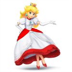  1girl alternate_color blonde_hair blue_eyes crown dress elbow_gloves gloves lips looking_at_viewer princess_peach simple_background solo super_mario_bros. super_smash_bros. 