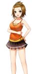 1girl armpits blush breasts brown_hair cleavage clenched_hands dmm drive_on_requesta female game_cg hand_on_hip large_breasts legs looking_at_viewer open_mouth orange_eyes short_hair simple_background skirt solo standing thighs white_background 