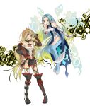  2girls bare_shoulders blue_hair boots bracelet breasts brown_hair detached_sleeves dress green_eyes jewelry milla_(tales_of_xillia_2) multicolored_hair multiple_girls muzet_(tales) open_mouth pantyhose pointy_ears ribbon simple_background skirt tales_of_(series) tales_of_xillia tales_of_xillia_2 thigh-highs very_long_hair violet_eyes wings 
