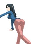  1girl ass black_hair blue_eyes breasts denim female from_behind inazuma_eleven inazuma_eleven_(series) jeans kira_hitomiko large_breasts leaning leaning_forward long_hair maron_(quintet_colors) open_mouth pants sideboob simple_background solo sweater turtleneck 