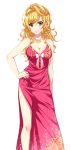  1girl blonde_hair blush breasts brown_eyes cleavage dmm dress drive_on_requesta earrings female game_cg hand_on_hip jewelry large_breasts legs long_hair looking_at_viewer nail_polish necklace simple_background sleeveless smile solo standing thighs white_background 
