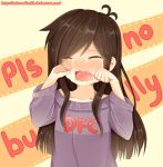  1girl artist_request blush brown_hair bully copyright_request crying dfc-tan english female shirt simple_background solo t-shirt text watermark wavy_mouth 