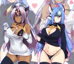  2girls android bare_shoulders blue_eyes blue_hair breasts cleavage dark_skin elbow_gloves female gloves highres kos-mos large_breasts long_hair multiple_girls nightmare-doom red_eyes silver_hair smile t-elos wink xenosaga xenosaga_episode_iii zoom_layer 