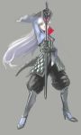 1girl alternate_costume armor blue_eyes gloves high_heels long_hair quilted_jacket rapier rwby scar serious side_ponytail simple_background solo sword weapon weiss_schnee white_hair 