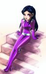  1girl black_hair bodysuit gradient gradient_background latex latex_suit lips mandy_(totally_spies) solo totally_spies violet_eyes 