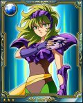  1girl armor card_(medium) female galaxy_card gradient gradient_background green_eyes green_hair mask ophiuchus_shaina sad saint_seiya solo 