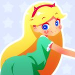  1girl blonde_hair blue_eyes blush heart_cheeks looking_at_viewer looking_back mike_inel simple_background solo star_butterfly star_vs_the_forces_of_evil 