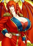  1girl breasts cleavage dragon_girl gradient gradient_background huge_breasts joka_(hiwai) long_hair lowres nail_polish omc redhead solo uniform 