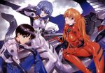  1boy 2girls ayanami_rei black_hair blue_eyes blue_hair bodysuit cockpit ikari_shinji multiple_girls neon_genesis_evangelion neon_genesis_evangelion_(manga) official_art plugsuit red_eyes redhead sadamoto_yoshiyuki souryuu_asuka_langley 