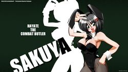  1girl aizawa_sakuya animal_ears anzai_satsuki black_hair blush breasts bunny_tail bunnysuit cleavage green_eyes grin hayate_no_gotoku! pantyhose rabbit_ears short_hair simple_background smile solo tail v zoom_layer 