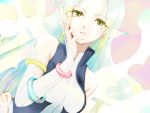  1girl bare_shoulders blue_hair bracelet breasts detached_sleeves dress gradient gradient_background green_eyes jewelry long_hair multicolored_hair muzet_(tales) open_mouth pointy_ears solo tales_of_(series) tales_of_xillia wings 