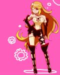  1girl bare_shoulders boots breasts brown_hair detached_sleeves milla_(tales_of_xillia_2) one_eye_closed pink_background simple_background skirt smile solo tales_of_(series) tales_of_xillia_2 thigh-highs very_long_hair 
