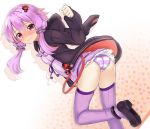  1girl animal_hood ass blush bunny_hood clenched_hand dress embarrassed female full-face_blush gradient gradient_background hair_ornament highres hood hoodie jacket legs long_hair looking_at_viewer makai_penguin panties pantyshot polka_dot polka_dot_background purple_hair purple_legwear shoes solo striped striped_panties tears thigh-highs thighs trembling twintails underwear upskirt violet_eyes vocaloid voiceroid wavy_mouth yuzuki_yukari 