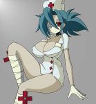  1girl bare_legs blue_hair breasts face_mask female gradient gradient_background hat large_breasts legs mask misaki_naoe nurse nurse_cap red_eyes simple_background skullgirls solo surgical_mask valentine_(skullgirls) 