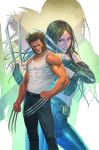  1boy 1girl biceps breasts claws cleavage gradient gradient_background homare_(fool&#039;s_art) marvel midriff official_art tank_top wolverine x-23 x-men zoom_layer 