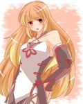  1girl bare_shoulders blush breasts detached_sleeves gradient gradient_background long_hair milla_(tales_of_xillia_2) open_mouth orange_hair pink_eyes red_background skirt solo tales_of_(series) tales_of_xillia_2 