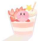  1other :o blue_eyes blush_stickers cinnamon_roll commentary cup food fruit full_body highres ice_cream in_container in_cup kirby kirby_(series) mizu_puru no_humans shadow simple_background solo sprinkles star strawberry sundae white_background 