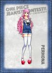  1girl arms_behind_back bangs black_eyes closed_mouth copyright_name denim denim_overalls full_body high_heels long_hair one_piece perona pink_hair solo standing thigh-highs white_legwear white_thighhighs 