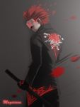  1boy adam_taurus black_gloves black_suit gloves gradient gradient_background katana mask redhead rwby solo suit sword weapon 
