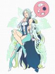  1girl aqua_hair bare_shoulders blush bracelet breasts crab detached_sleeves dress fish green_eyes halftone halftone_background jewelry multicolored_hair muzet_(tales) open_mouth pantyhose solo squid tales_of_(series) tales_of_xillia tales_of_xillia_2 very_long_hair wings 
