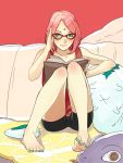  1girl adjusting_glasses bangs bare_legs bare_shoulders barefoot bike_shorts blush book collarbone couch facial_mark feet fingernails forehead_mark glasses green_eyes hair_ornament hairclip hand_up haruno_sakura knees_together_feet_apart legs looking_at_viewer nail_polish naruto open_book pink_hair red-framed_glasses red_background red_shirt shadow shiny shiny_hair shirt short_hair shorts simple_background sitting sleeveless sleeveless_shirt smile solo stuffed_toy tank_top tes thigh_gap toenails toes 