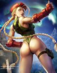  1girl ahoge antenna_hair ass aurora beret biceps blonde_hair blue_eyes braid cammy_white castle fingerless_gloves gauntlets gloves hat huge_ahoge leotard long_hair looking_back mountain outdoors solarblade solo street_fighter street_fighter_v thigh_holster thong_leotard thumbs_up toned twin_braids vengarlsolarblade watermark web_address 