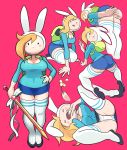  1girl adventure_time animal_hood ass backpack bag blonde_hair breasts bunny_hood cleavage covering_ass fionna gashi-gashi large_breasts lying on_side panties ribbon simple_background skirt socks spread_legs sword thigh-highs underwear upskirt white_legwear white_panties wide_hips zettai_ryouiki 