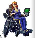  1girl barbara_gordon batman_(series) computer dc_comics glasses gradient gradient_background oracle pen redhead sitting solo wheelchair 