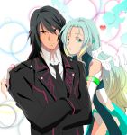  1boy 1girl aqua_eyes bare_shoulders black_hair blue_hair bracelet coat detached_sleeves dress gaius_(tales) gloves gradient gradient_background heart jewelry multicolored_hair muzet_(tales) necktie pointy_ears polka_dot polka_dot_background red_eyes short_hair tales_of_(series) tales_of_xillia tales_of_xillia_2 very_long_hair wings 