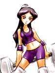  1girl black_hair looking_at_viewer mandy_(totally_spies) navel ponytail simple_background sports_bra totally_spies violet_eyes weight 