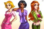  3girls alex_(totally_spies) black_hair blonde_hair blue_eyes breasts cleavage clover_(totally_spies) dark_skin gradient gradient_background green_eyes lips looking_at_viewer multiple_girls orange_eyes orange_hair sam_(totally_spies) short_hair thick_lips totally_spies 