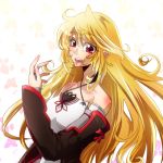  1girl bare_shoulders blonde_hair breasts detached_sleeves gradient gradient_background long_hair milla_(tales_of_xillia_2) open_mouth pink_eyes ribbon solo tales_of_(series) tales_of_xillia_2 