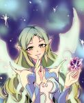  1girl aqua_hair breasts dress gloves gradient gradient_background lips long_hair magic multicolored_hair muzet_(tales) pointy_ears solo tales_of_(series) tales_of_xillia wings yellow_eyes 