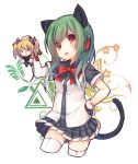 absurdres admiral_hipper_(zhan_jian_shao_nyu) animal_ears asymmetrical_sleeves bow bowtie doll fake_animal_ears fake_tail fingerless_gloves gloves glowworm_(zhan_jian_shao_nyu) green_hair hair_ornament hand_on_hip highres holding jiang-ge open_mouth pleated_skirt red_bow red_bowtie red_eyes shirt simple_background skirt thigh-highs white_legwear zettai_ryouiki zhan_jian_shao_nyu 