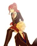  1boy 1girl blonde_hair blush green_eyes jaune_arc long_hair necktie ponytail pyrrha_nikos redhead rwby school_uniform short_hair simple_background sleeping smile 