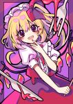  1girl :d bangs blonde_hair blush cowboy_shot eyebrows_visible_through_hair flandre_scarlet fork hat heart heart-shaped_pupils highres knife kyouda_suzuka long_hair looking_at_viewer mob_cap one_side_up open_mouth pink_background puffy_short_sleeves puffy_sleeves purple_background red_nails red_neckwear red_skirt red_vest shirt short_sleeves skirt skirt_set smile solo standing striped striped_background symbol-shaped_pupils teeth touhou twitter_username two-tone_background upper_teeth vest violet_eyes white_headwear white_shirt wings 
