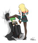  1boy 1girl arc_system_works blazblue blonde_hair broken_glasses chocolate chocolate_heart closed_eyes crack fedora fingerless_gloves glasses gloom_(expression) gloves green_hair hair_ribbon hat hazama heart high_heels long_hair pantyhose pink_hair quad_tails ribbon scared school_uniform short_hair simple_background suit sweat toscabear trench_coat trinity_glassfield valentine 