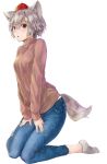  1girl alternate_costume animal_ears brown_sweater denim full_body hat highres inubashiri_momiji kneeling long_sleeves netamaru pants red_eyes silver_hair simple_background solo sweater tail tokin_hat touhou white_background wolf_ears wolf_tail 