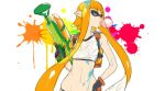  1girl bubble bubble_blowing bubblegum domino_mask female gloves hand_on_hip inkling mask midriff navel older orange_hair paint_splatter pointy_ears simple_background skindentation solo splatoon super_soaker tentacle_hair trigger_discipline water_gun 