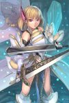  1girl armor blonde_hair braid female gauntlets gradient gradient_background holding holding_sword holding_weapon jewelry jishimaru looking_at_viewer necklace open_mouth original pink_eyes solo sword weapon 