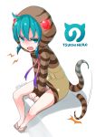 &gt;:o 1girl :o ahoge aqua_eyes aqua_hair commentary_request expressive_tail geta highres hood hooded_jacket jacket kemono_friends looking_at_viewer sitting snake_tail solo sweat tail tail_wagging tsuchinoko_(kemono_friends) yaosera