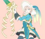  1girl alisha_diphda aqua_eyes breasts brown_hair earrings frills gloves hat jacket jewelry long_hair open_mouth pink_background princess ribbon simple_background skirt spear tales_of_(series) tales_of_zestiria thigh-highs weapon 