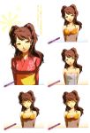  1girl bikini blush breasts brown_eyes brown_hair cleavage concept_art gradient gradient_background kujikawa_rise lips official_art parted_lips persona persona_4 shadow_(persona) swimsuit towel translation_request 