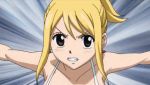  1boy 1girl animated animated_gif bare_shoulders bikini blonde_hair breasts cave cleavage defeated fairy_tail female happy helmet kicking large_breasts long_hair lucy_heartfilia navel ponytail running screencap swimsuit talking tattoo violence 