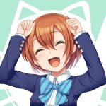  1girl closed_eyes fang happy hoshizora_rin love_live!_school_idol_project open_mouth orange_hair paw_pose short_hair simple_background smile solo sorano_(12gou) 